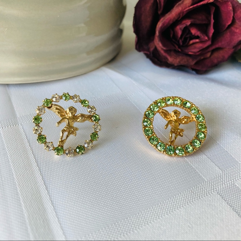 Vintage JJI signed green and clear rhinestone halo angel pin. JJI pins